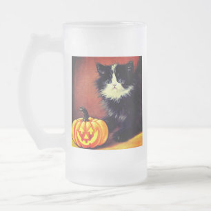 Caneca De Cerveja Vidro Jateado Gatinho de Halloween Preto e Branco Vintage
