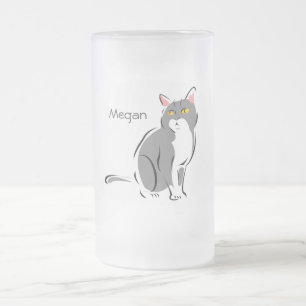Caneca De Cerveja Vidro Jateado Gato atento das cinzas e do branco
