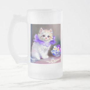 Caneca De Cerveja Vidro Jateado Gato branco com pintura de colarinho de flores rox
