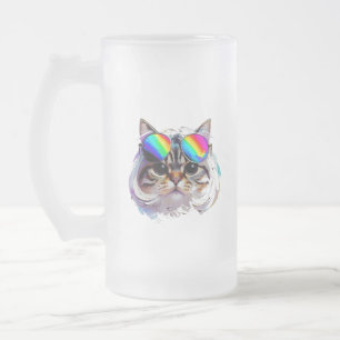 Caneca De Cerveja Vidro Jateado Gato com Peruca + Óculos de Sol (Pintura #3)