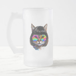 Caneca De Cerveja Vidro Jateado Gato com Peruca + Óculos de Sol (Pintura #9)