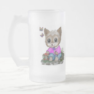 Caneca De Cerveja Vidro Jateado Gato de Gato e Borboleta