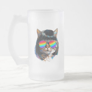 Caneca De Cerveja Vidro Jateado Gato de Peruca + Óculos de Sol (Pintura #5)