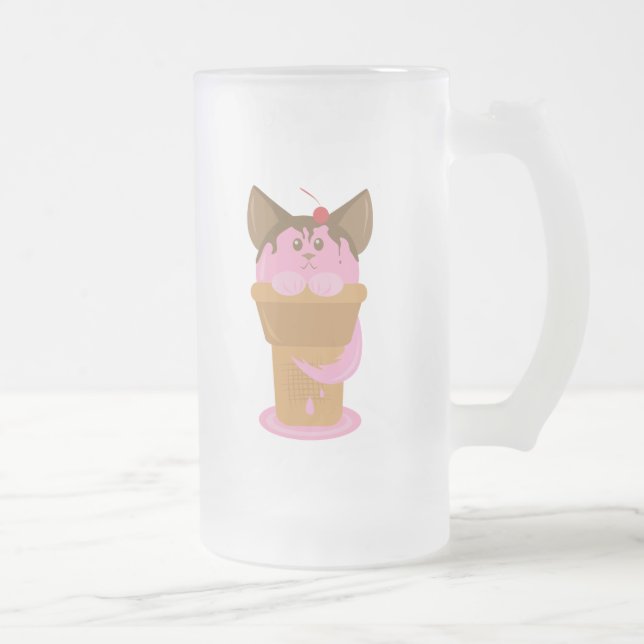 Caneca De Cerveja Vidro Jateado Gato de Sorvete de morango (Direita)