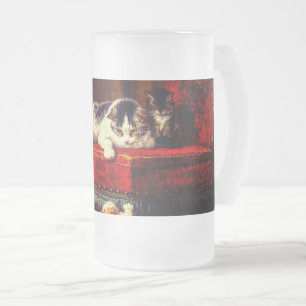 Caneca De Cerveja Vidro Jateado Gato e Gatinhos Brincando com Cadeira