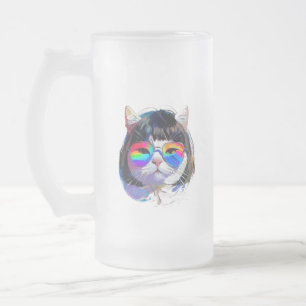 Caneca De Cerveja Vidro Jateado Gato em uma Peruca + Óculos de Sol (Pintura #7)