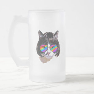 Caneca De Cerveja Vidro Jateado Gato em uma Peruca + Óculos de Sol (Pintura #8)