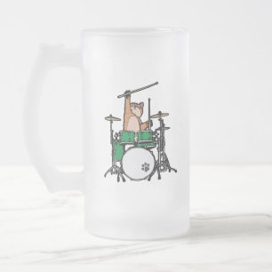 Caneca De Cerveja Vidro Jateado Gato Engraçado Jogando Tambores, Baterista De Gat