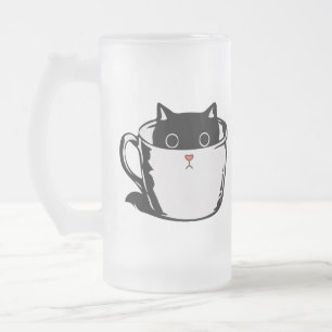 Caneca De Cerveja Vidro Jateado Gato preto com nariz vermelho escondido em um copo