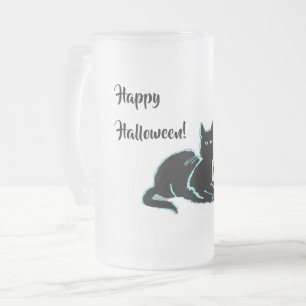 Caneca De Cerveja Vidro Jateado Gato Preto e Halloween de Caveira