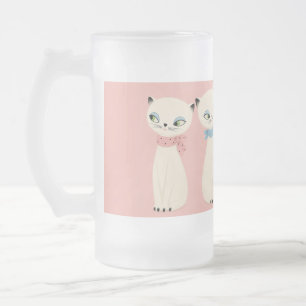 Caneca De Cerveja Vidro Jateado Gatos Retro de Meados do Século em Par