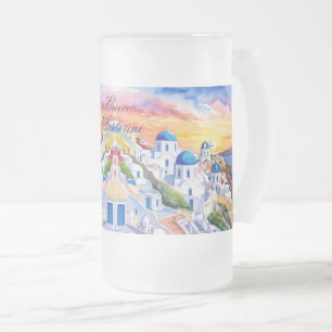 Caneca De Cerveja Vidro Jateado Grécia Santorini Watercolor Sketch Aegean Sea  
