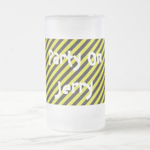 Caneca De Cerveja Vidro Jateado Grelhas Diagonais Finas Pretas e Amarelas