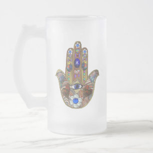 Caneca De Cerveja Vidro Jateado Hamsa Hearts Flowers Opal Art em Dourado