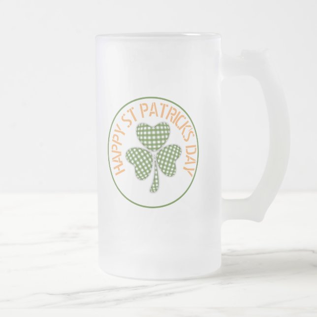 Caneca De Cerveja Vidro Jateado Happy Dia de São Patrício Green Gingham Shamrock (Direita)