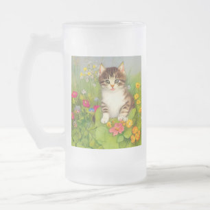 Caneca De Cerveja Vidro Jateado Ilustração de Gato de Sorriso de Vintage