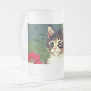 Caneca De Cerveja Vidro Jateado Ilustração de Gato Vintage com Flores de Mola