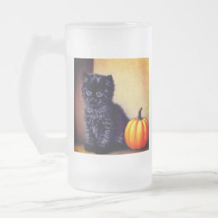 Caneca De Cerveja Vidro Jateado Ilustração Vintage Halloween Black Kitten