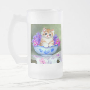 Caneca De Cerveja Vidro Jateado Ilustração Vintage Laranja e White Kitten