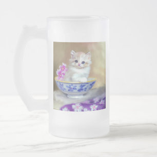 Caneca De Cerveja Vidro Jateado Ilustração Vintage White Kitten