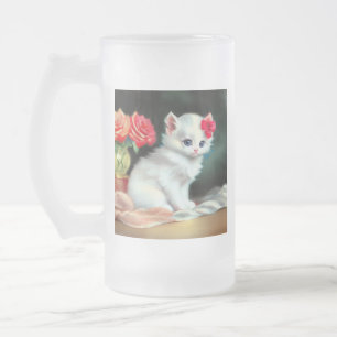 Caneca De Cerveja Vidro Jateado Ilustração Vintage White Kitten com Flores Vermelh
