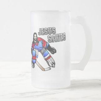 CANECA DE CERVEJA VIDRO JATEADO JESUS SALVAR O GOALIE DO HÓQUEI