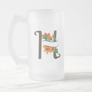 Caneca De Cerveja Vidro Jateado Letra maiúscula H monograma floral