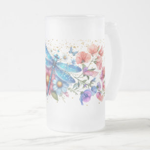 Caneca De Cerveja Vidro Jateado Libélula Azul