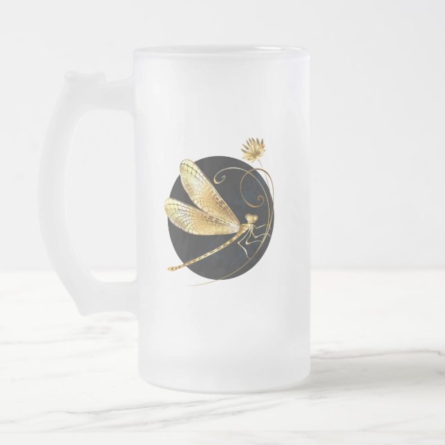 Caneca De Cerveja Vidro Jateado libélula ouro em círculo preto (Esquerda)