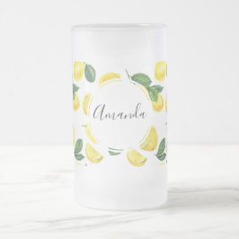 Caneca De Cerveja Vidro Jateado Limões Amarelos Padrão de Fruta de Aquarela