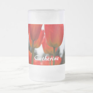 Caneca De Cerveja Vidro Jateado Lindas Flores de Tulipa Vermelha.