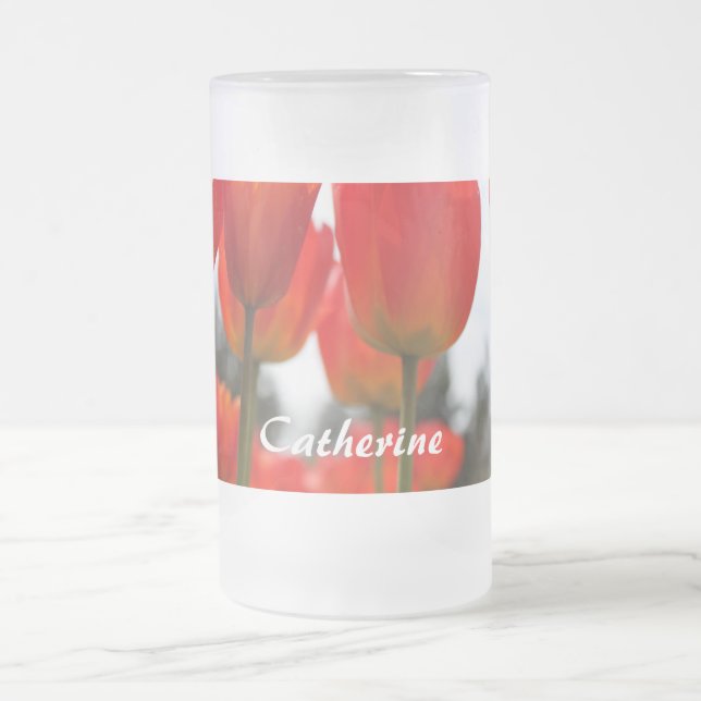 Caneca De Cerveja Vidro Jateado Lindas Flores de Tulipa Vermelha. (Centro)