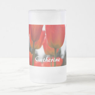Caneca De Cerveja Vidro Jateado Lindas Flores De Tulipas Vermelhas.
