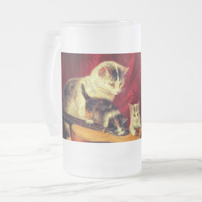 Caneca De Cerveja Vidro Jateado Mãe Gato e Gatinhos Brincando com Violão (Frente Esquerda)