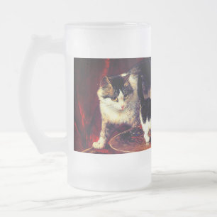 Caneca De Cerveja Vidro Jateado Mãe Gato e Gatinhos na Mesa