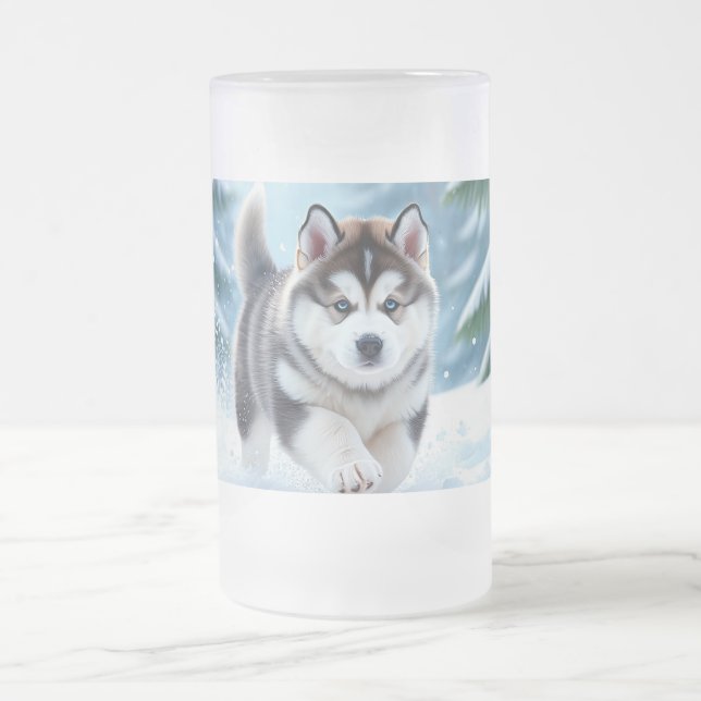 Caneca De Cerveja Vidro Jateado Malamute Pup in the Snow (Centro)