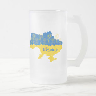 Caneca De Cerveja Vidro Jateado Mapa da Ucrânia com girassol e bandeira ucraniana