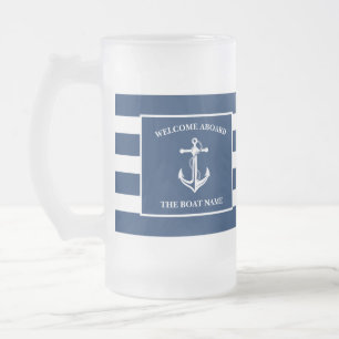 Caneca De Cerveja Vidro Jateado Marinho Náutico Azul, Boas-vindas a bordo Anchor d