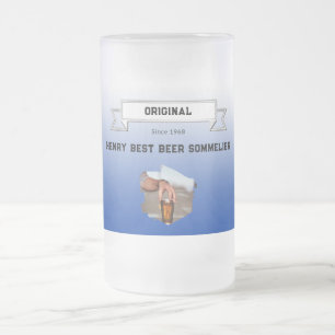 Caneca De Cerveja Vidro Jateado Melhor Sommelier de Cerveja Gradiente Branco Azul