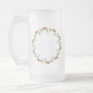 Caneca De Cerveja Vidro Jateado Moldura redonda floral com flor amarela e rosa ver