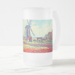 Caneca De Cerveja Vidro Jateado Monet Tulips Windmill