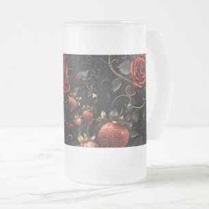 Caneca De Cerveja Vidro Jateado Morangos Barrocos e Rosas Sem Costura