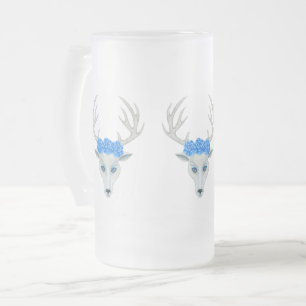 Caneca De Cerveja Vidro Jateado Mystical White Deer Head Antlers Vestindo Rosa azu