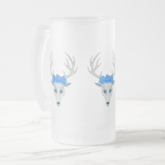 Caneca De Cerveja Vidro Jateado Mystical White Deer Head Antlers Vestindo Rosa azu (Frente Esquerda)