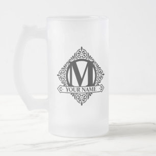 Caneca De Cerveja Vidro Jateado Ornamentado Monograma Fosco Copo De Vidro