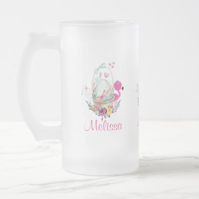 Caneca De Cerveja Vidro Jateado Ovo bonito numa cesta com Flamingo e Bunny (Esquerda)