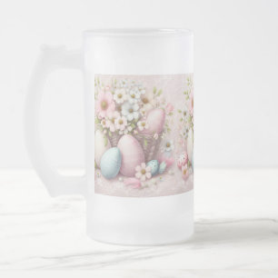 Caneca De Cerveja Vidro Jateado Ovos de Páscoa florais cor-de-rosa com renda monog