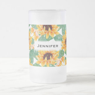 Caneca De Cerveja Vidro Jateado Padrão Amarelo e Verde bonito dos Girassóis