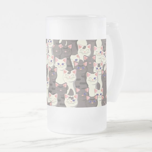 Caneca De Cerveja Vidro Jateado Padrão de gatos brancos e cinzas (Frente Esquerda)