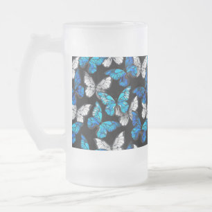 Caneca De Cerveja Vidro Jateado Padrão Escuro Sem Costura com Borboletas Azuis Mo
